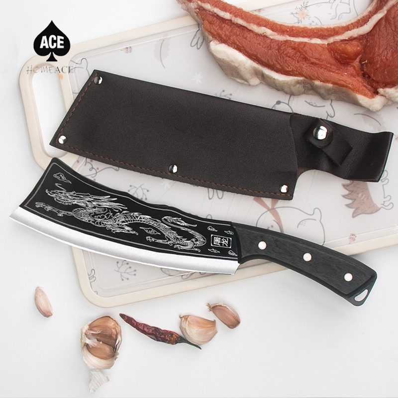 Home Ace.（ซื้อ 1 แถม 1）มีดทำครัวลายมังกร มีดตัดเนื้อและกระดูกขนาดใหญ่ มีดฆ่ามังกร ปลอกหนัง คมและทนทาน เหมาะสำหรับห้องครัวและการตั้งแคมป ราคา 155 บาท*ส่งฟรี