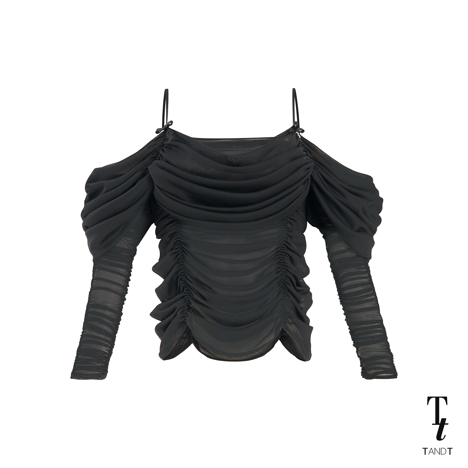 TandT - BRADLEY TOP - SPAGHETTI STRAP DRAPED RUCHED LONG SLEEVE TULLE TOP เสื้อสายเดี่ยวเปิดไหล่แขนยาว รูดย่นย้วยระบาย ผ้าตาข่ายเนื้อนิ่มสีดำ *ดอกกุหลาบ จำหน่ายแยก* ราคา 2,740 บาท*ส่งฟรี