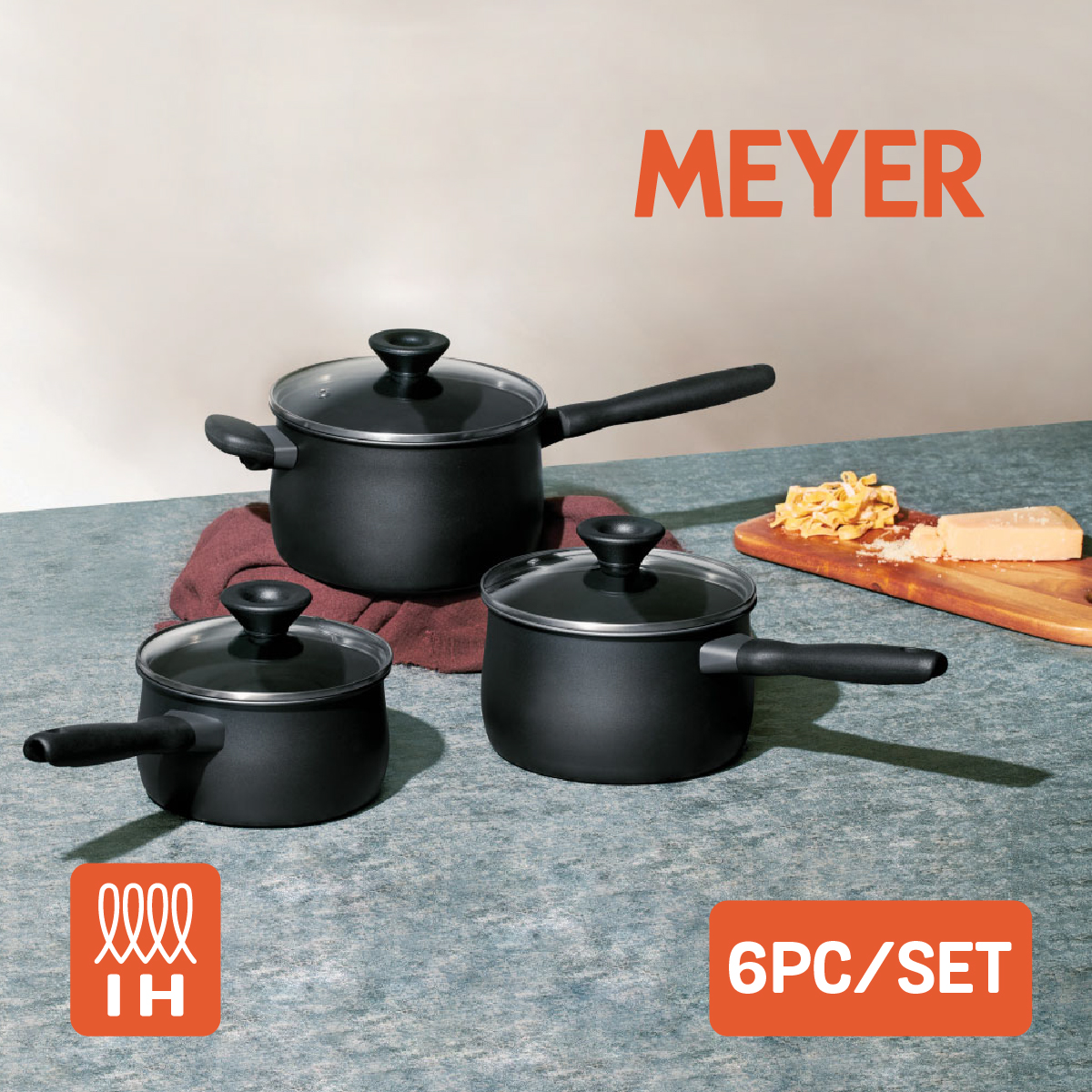 MEYER MIDNIGHT ชุดหม้อมีด้ามจับ hard-anodize พร้อมฝารวม 6 ชิ้น ขนาด 16, 18, 20 ซม. Saucepan set (85087-TE12) ราคา 3,120 บาท*ส่งฟรี