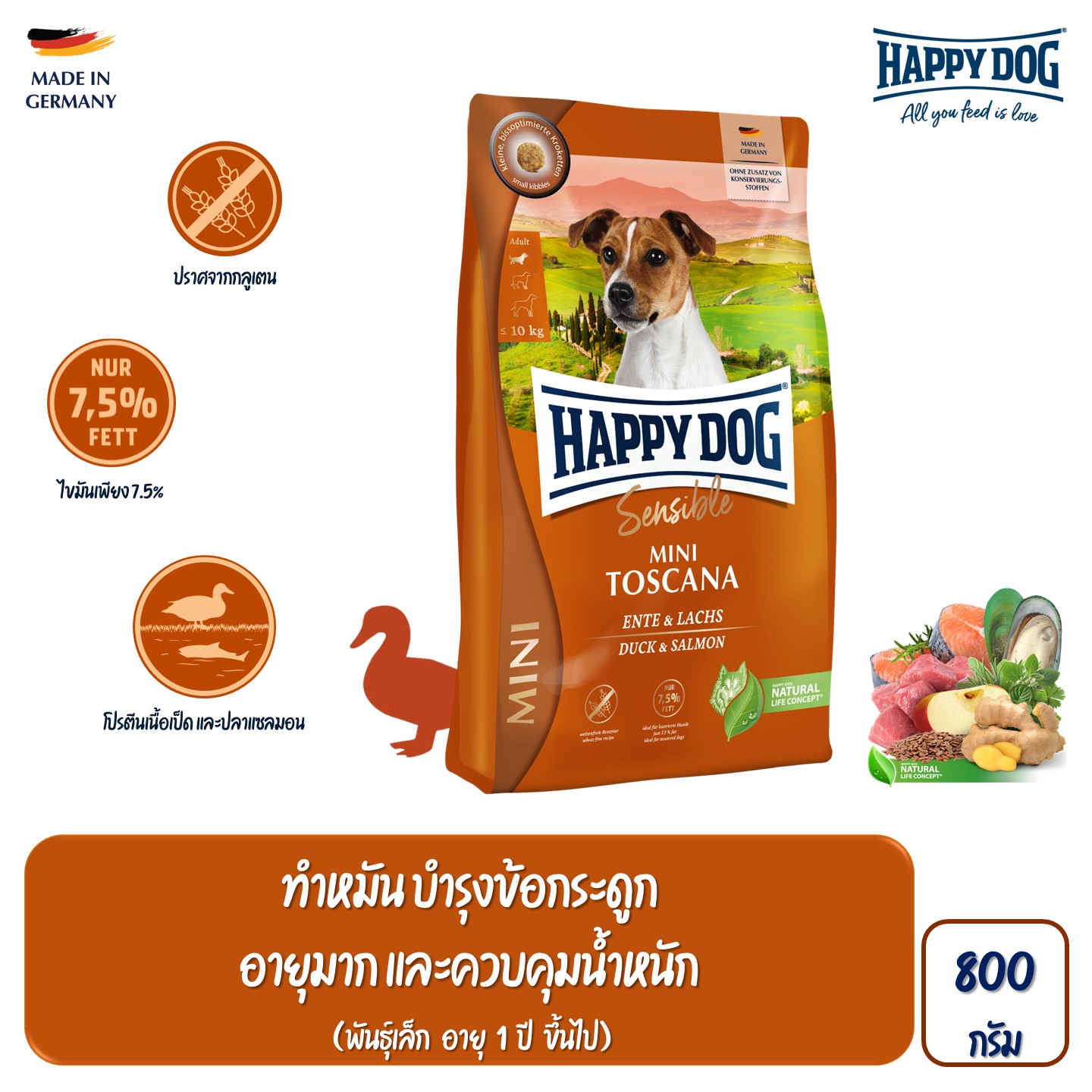 Happy Dog Mini Toscana สุนัขโตพันธุ์เล็ก-กลาง สูตรเนื้อเป็ดและปลาแซลมอน 800 g ราคา 269 บาท*ส่งฟรี