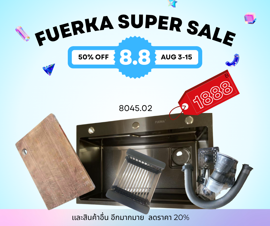 FUERKAซิงค์ล้างจานสแตนเลส 80×45×22 ซม. พร้อมส่ง! ราคา 2,566 บาท*ส่งฟรี