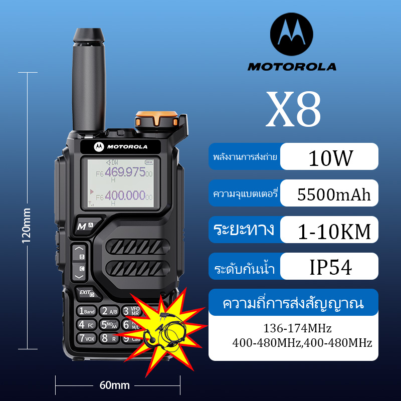 【ชุดหูฟังฟรี】Motorola two way radio X8 Walkie talkie long range 10KM High-Power 10W 200 Channels Walkie-Talkies high-capacity 5500mAh Type-c Waterproof dustproof Suitable for outdoor/hotel/school/construction site ราคา 1,099 บาท*ส่งฟรี