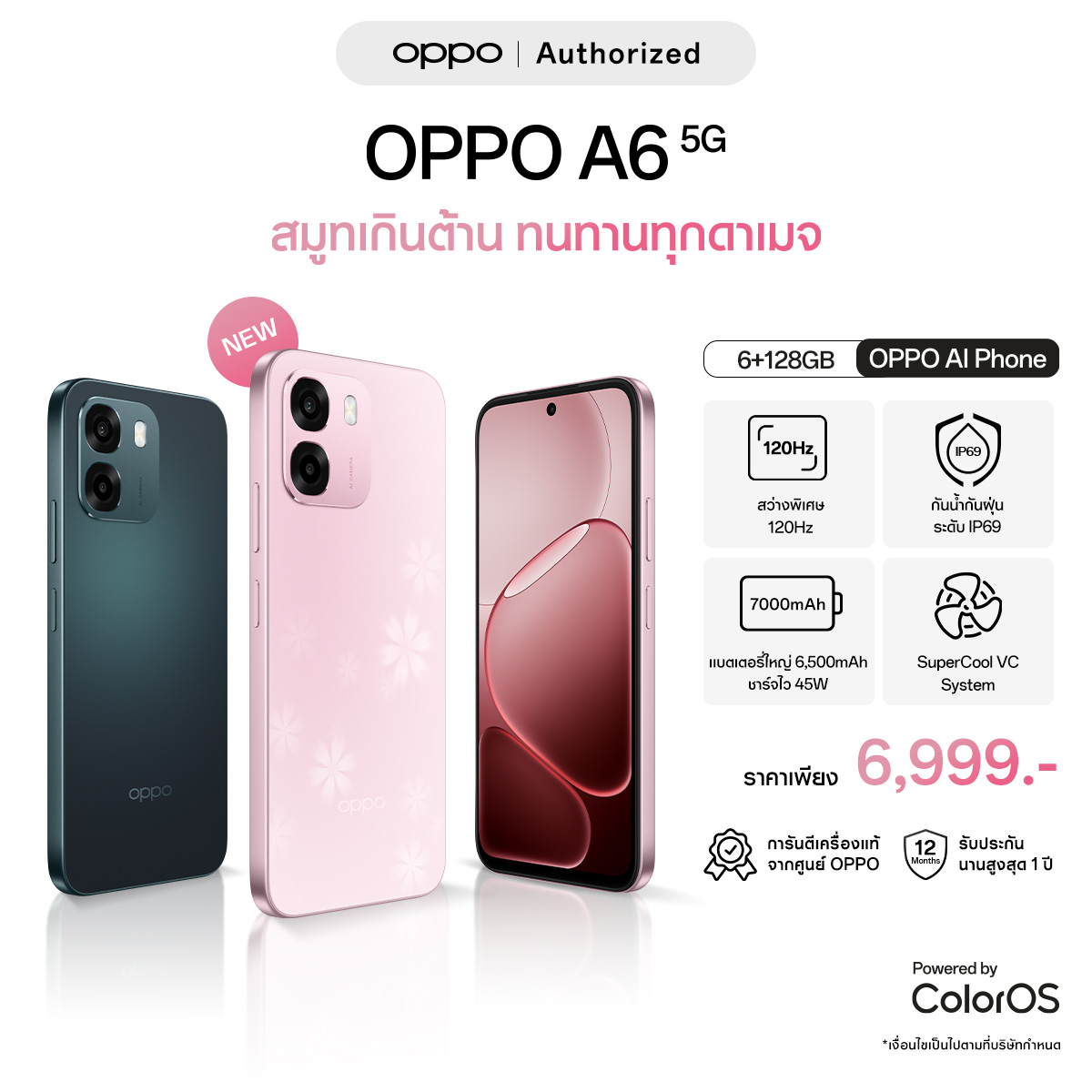 [New] Oppo A6 5g (6+128g) Mobile Phone, Beautiful Design, Durable, Waterproof, Dustproof Ip69, Supercool Vc, Midiatek Dimensity6300, Large Battery 7000 ราคา 6,999 บาท*ส่งฟรี