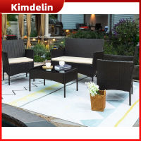 KIMDELIN 4 Pieces Patio Outdoor Rattan Wicker Chair Conversation Garden Backyard Balcony Porch Poolside Furniture Sets with Soft Cushion and Glass Table Brown and Black