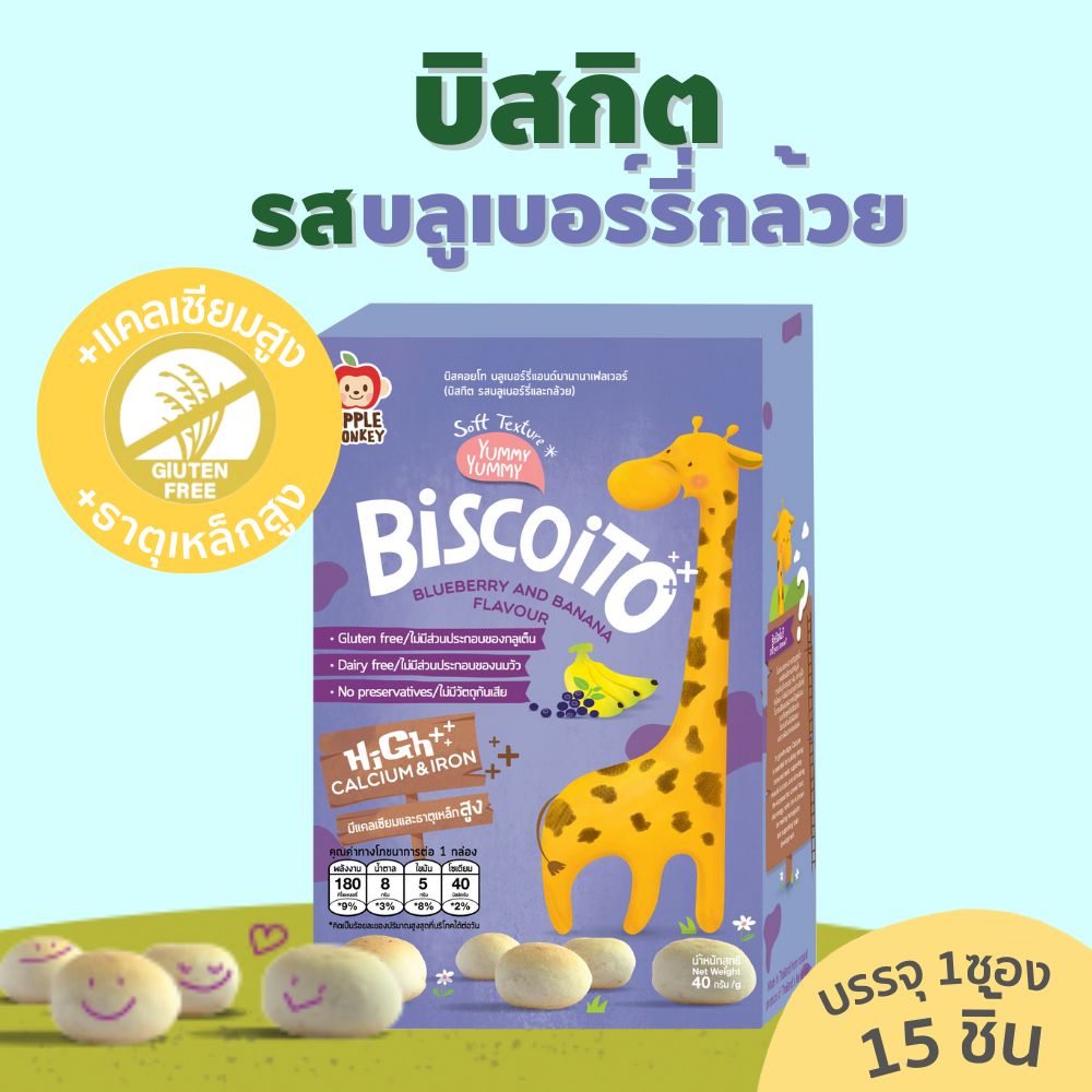 Apple Monkey บิสกิตเสริมแคลเซียมและธาตุเหล็ก รสบลูเบอร์รี่และกล้วย 40 g ราคา 69 บาท*ส่งฟรี
