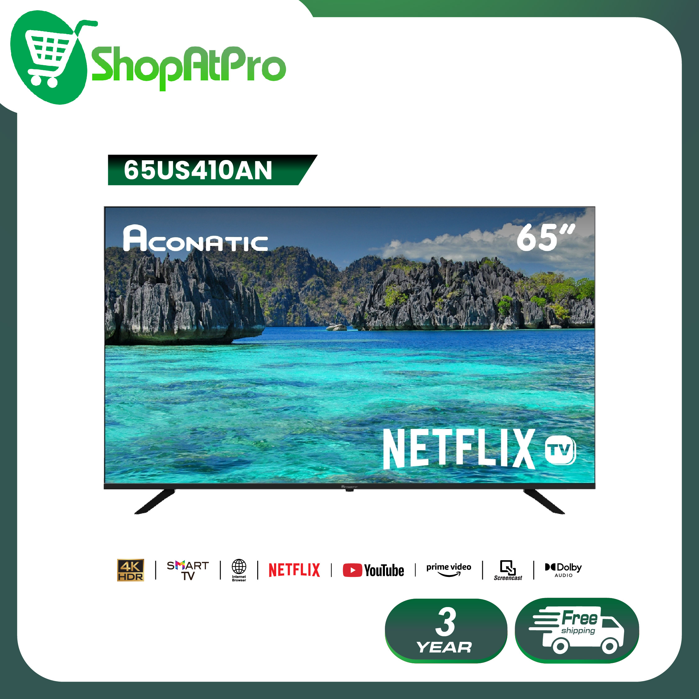 Aconatic ทีวี 65 นิ้ว LED 4K HDR Netflix TV รุ่น 65US410AN Smart TV (Netflix v5.3) สมาร์ททีวี (รับประกัน 3 ปี) ราคา 13,990 บาท*ส่งฟรี
