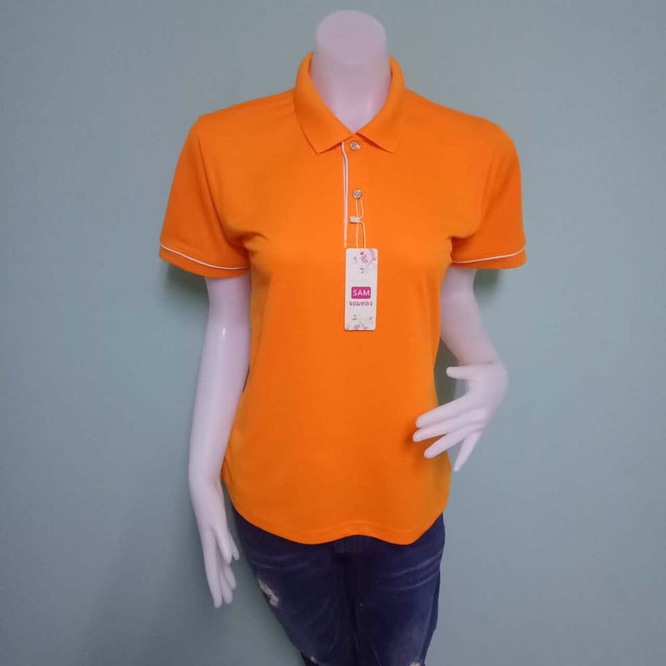เสื้อทำงานโปโลสีส้ม โปโลคอปกแขนปล่อยสีส้ม เสื้อส้มสด คอปกสีส้มขลิบขาว