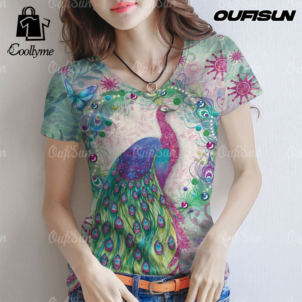 Peacock print Songkran shirt 2568 V neck plus size New Year's shirt vintage holiday short sleeve women T-shirts ราคา 99 บาท*ส่งฟรี
