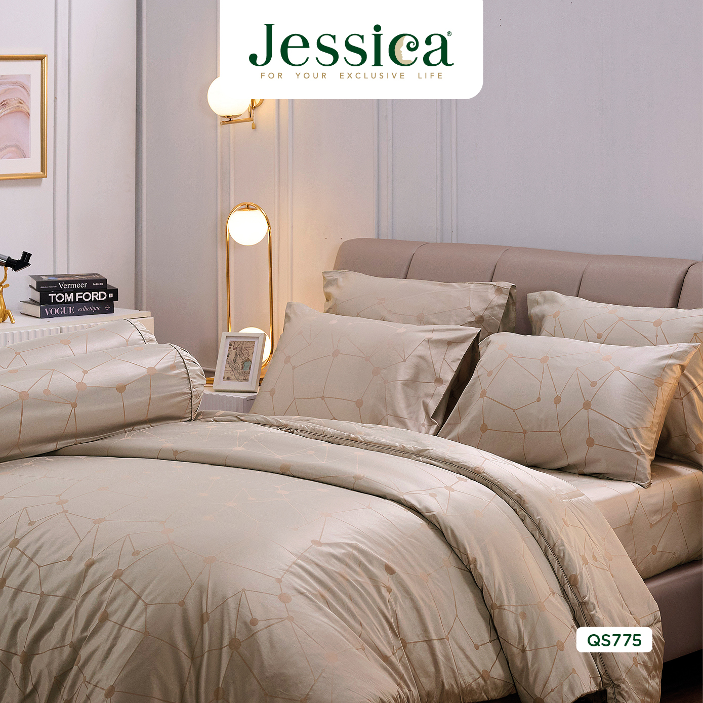 ชุดผ้าปูที่นอนและผ้านวมเกรดพรีเมียม Jessica Jacquard Silk Shine 500 Yarn Qs775 ผ้าทอหรูหรา สามารถป้องกันไรฝุ่นได้ ราคา 3,700 บาท*ส่งฟรี