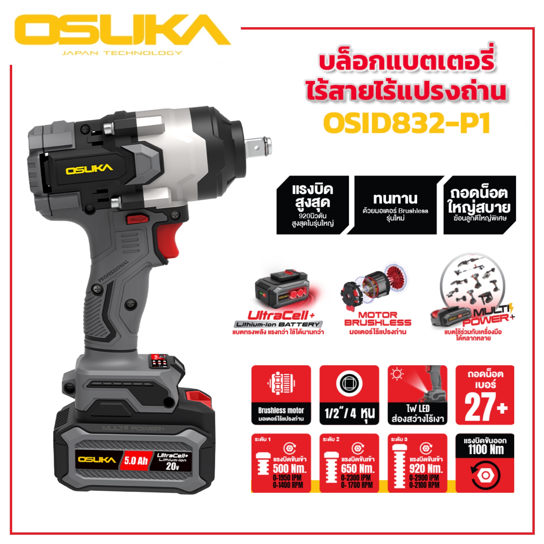 OSUKA บล็อกแบต บล็อกไฟฟ้าไร้สาย ไร้แปรงถ่าน 20V รุ่น OSID832-P1 | บล็อกไร้สาย บล็อก น้ำหนักเบา แรงเกินตัว แรงบิดสูง ดีไซน์ล้ำสมัย ราคา 3,940 บาท*ส่งฟรี