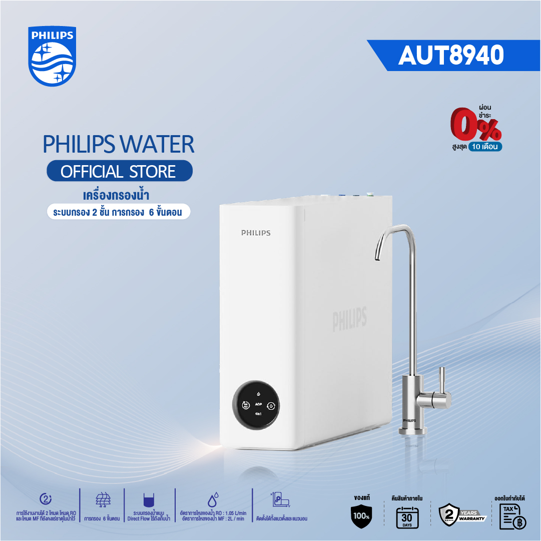 Philips Water Aut8940 Ro Water Filter with a 2-Layer Filtration System, 6 Filtration Steps, Supports All Types of Use, Can Be Installed Both Vertically and Horizontally. Water Filter (Design Without Water Storage Tank) ราคา 1,899 บาท*ส่งฟรี