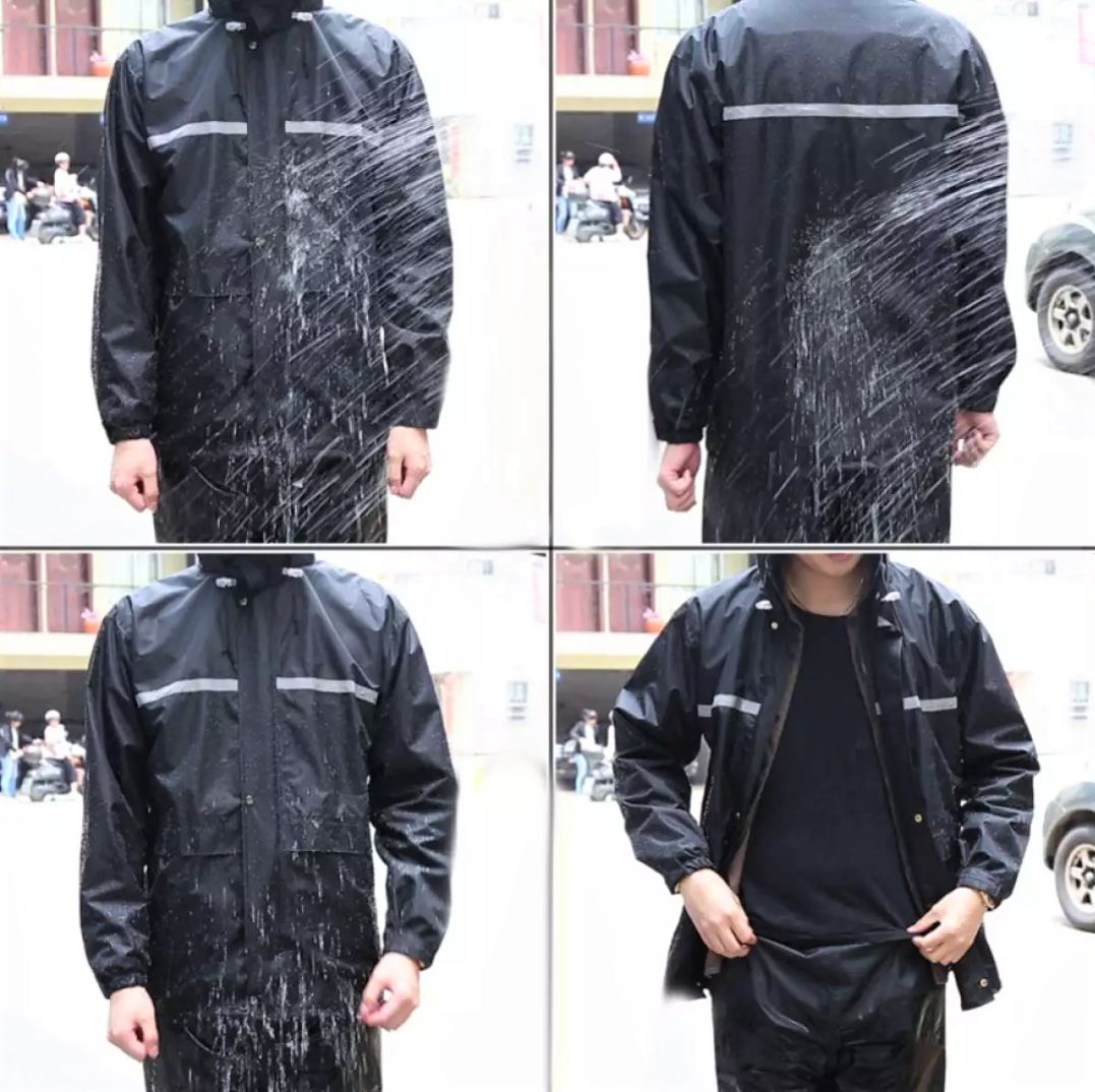 เกี่ยวกับสินค้า 【ชำระเงินปลายทาง】ชุดกันฝน rain jackets เสื้อ กัน ฝน เสื้อกันฝนมีแถบสะท้อนแสง (เสื้อ+กางเกง+กระเป๋าใส่) เนื้อผ้าใส่สบายทนทานกันฝนดีเยี่ยม Rain