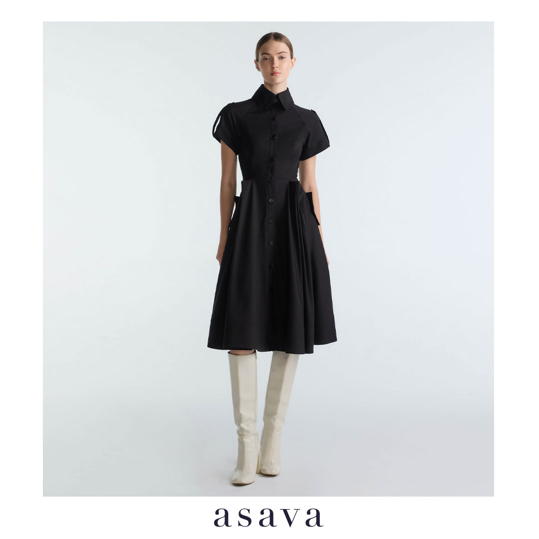 [Asava Aw25] Remi Pleated Shirt Dress Women's Shirt Dress Decorated with Pleated Details Around the Skirt. Short Sleeves Decorated with Buttons Decorated with Front Buttons, Side Pockets ราคา 11,200 บาท*ส่งฟรี
