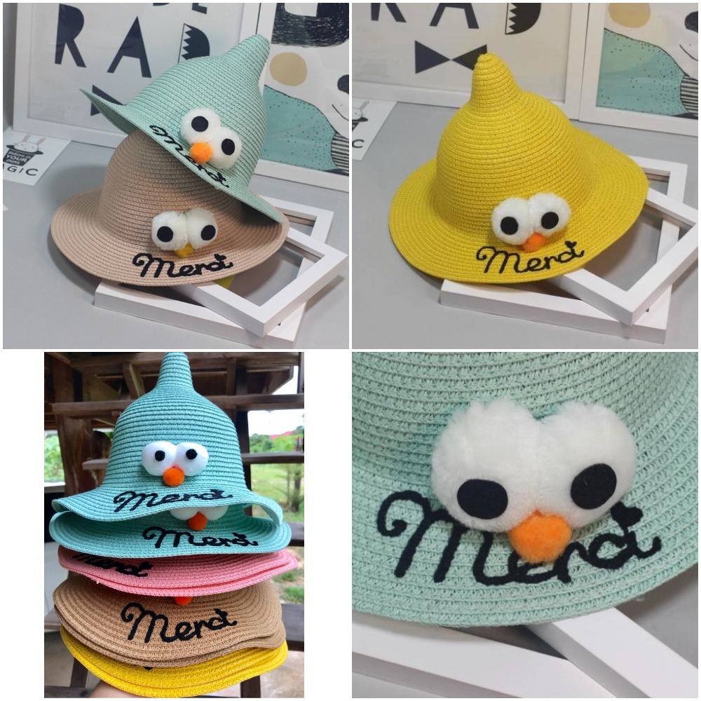 หมวกฟางสำหรับฤดูร้อนที่มีสองตาโตสำหรับเด็ก   Beach Summer Pointy Straw Hats with Two Big Eyes for Kids