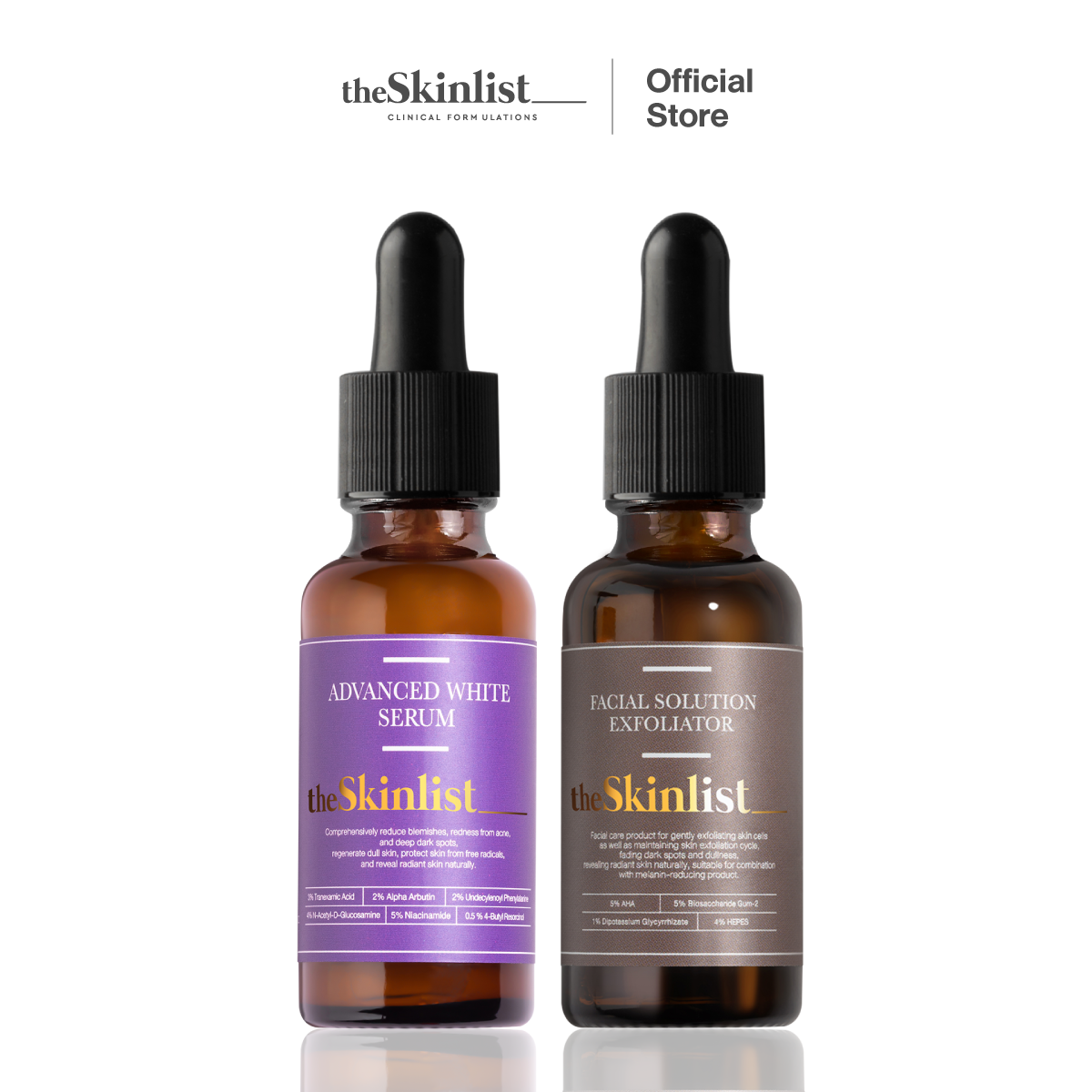 SET ฝ้า รอยสิว จุดด่างดำ The Skinlist Advanced White Serum + Antioxidants + The Skinlist Facial Solution Exfoliator ราคา 1,699 บาท*ส่งฟรี