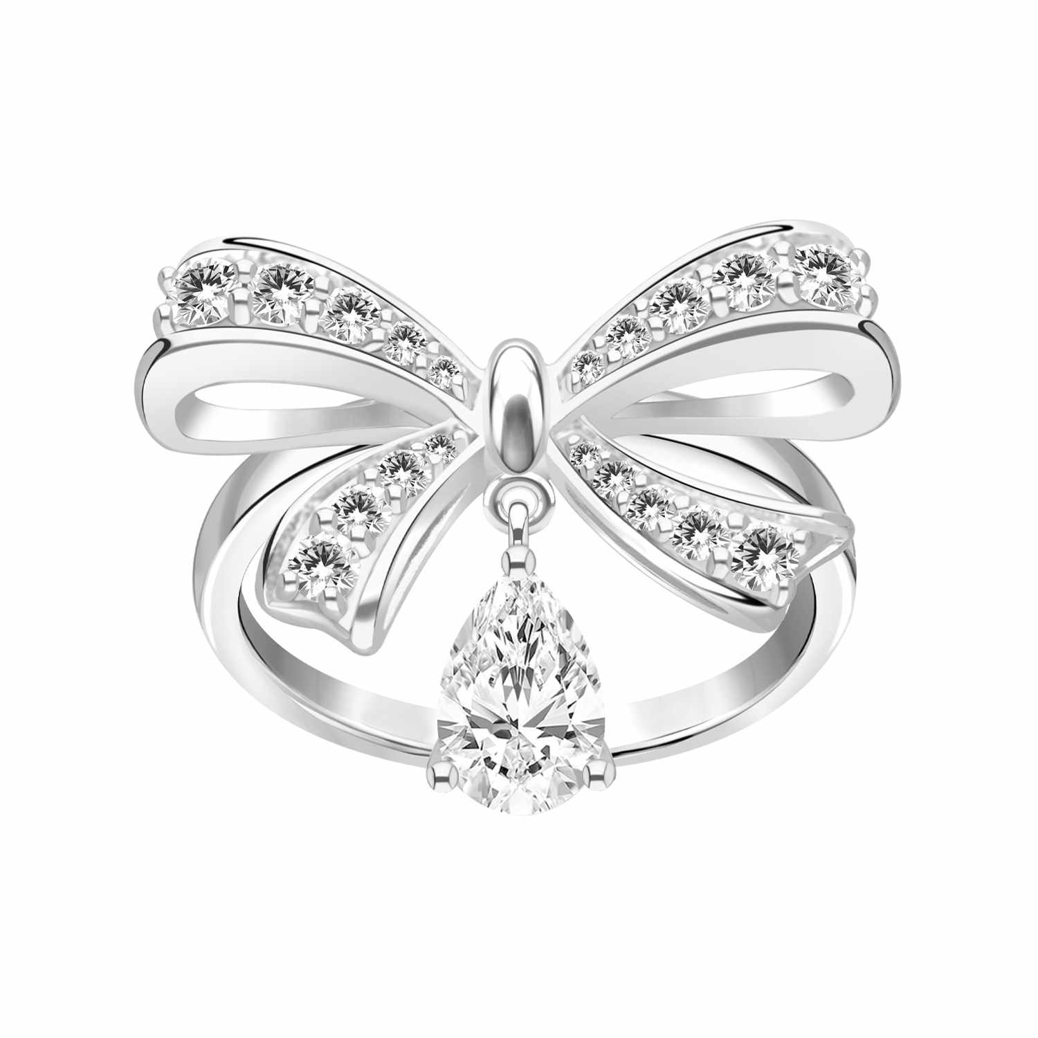 Merii Rhodium-Plated Silver Ring in the Shape of a Bow Decorated with Teardrop-Shaped Cz. ราคา 2,400 บาท*ส่งฟรี