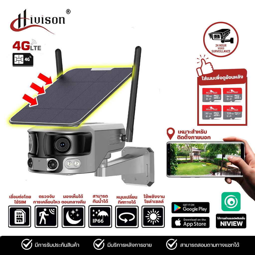 Hivison กล้องวงจรปิดพลังงานแสงอาทิตย์เลนส์คู่4K 8MP 4G /Wifi security camera for Thailand buyers