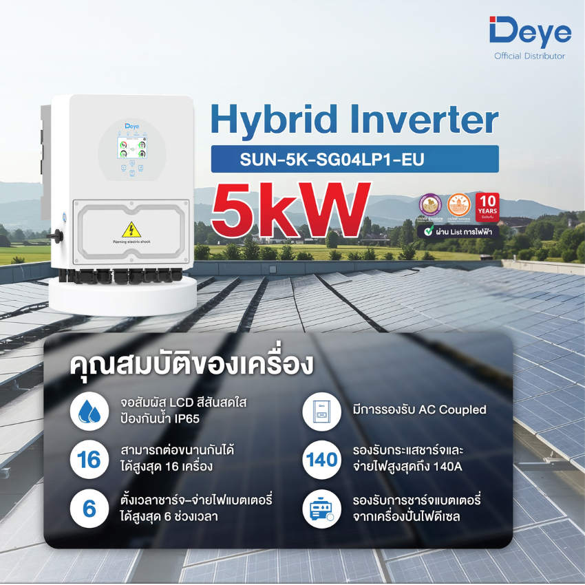 อุปกรณ์แต่งสวนและกลางแจ้ง DEYE 5Kw Hybrid Solar Inverter เฟสเดียวรองรับแบตเตอรี่ Lv รุ่น Sun-5K-Sg04Lp1-Eu ราคา 42,540 บาท*ส่งฟรี