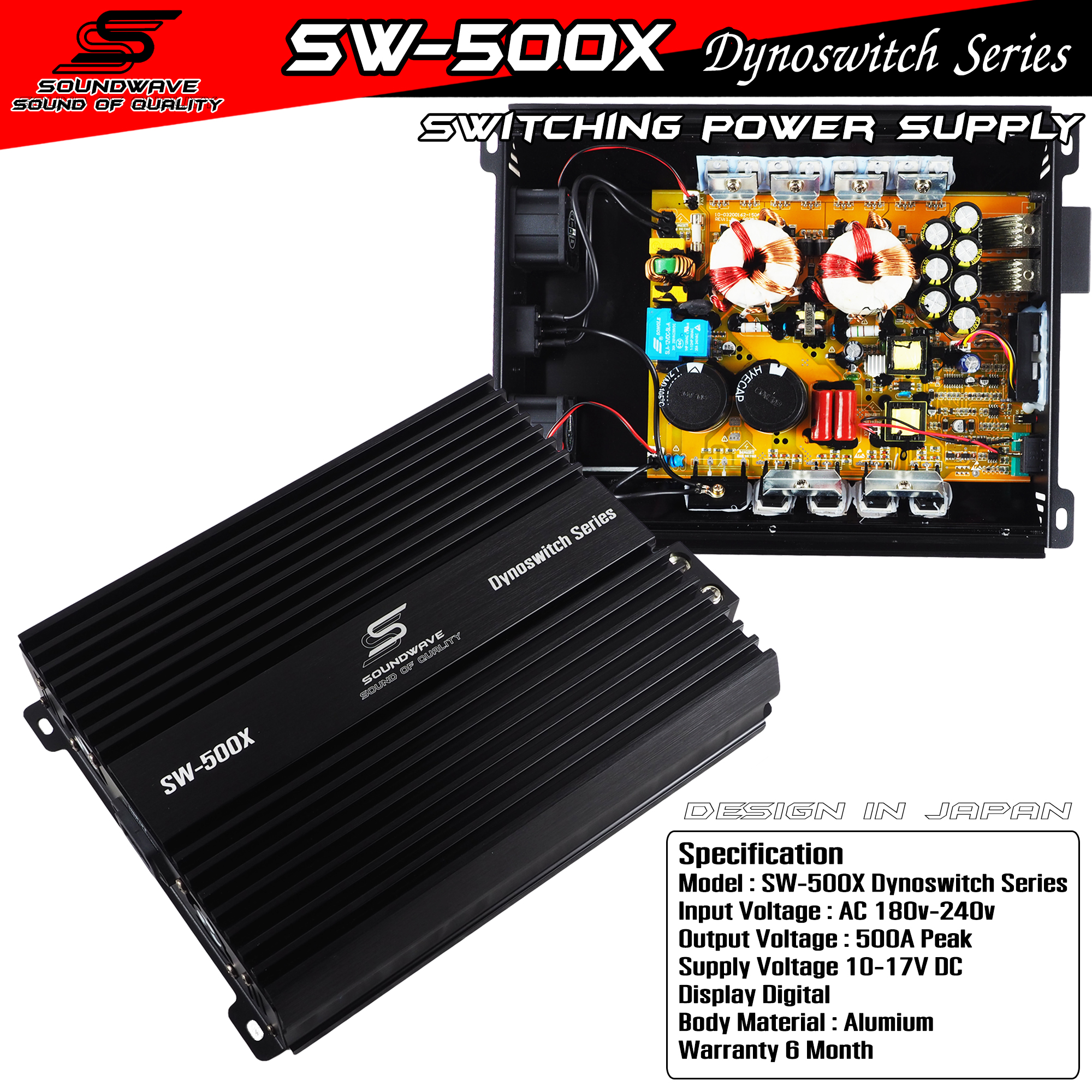 Soundwave Power Supply 12V 500A Peak for Inverter to Convert 220V to 12V, Model Sw-500X, Used with Amplifiers, Audio Equipment and Dual Fans, Capacity 500A Peak, Durable and Stable. Designed in Japan - ยี่ห้อ SOUNDWAVE (ซาวด์เวฟ) ราคา 5,490 บาท*ส่งฟรี
