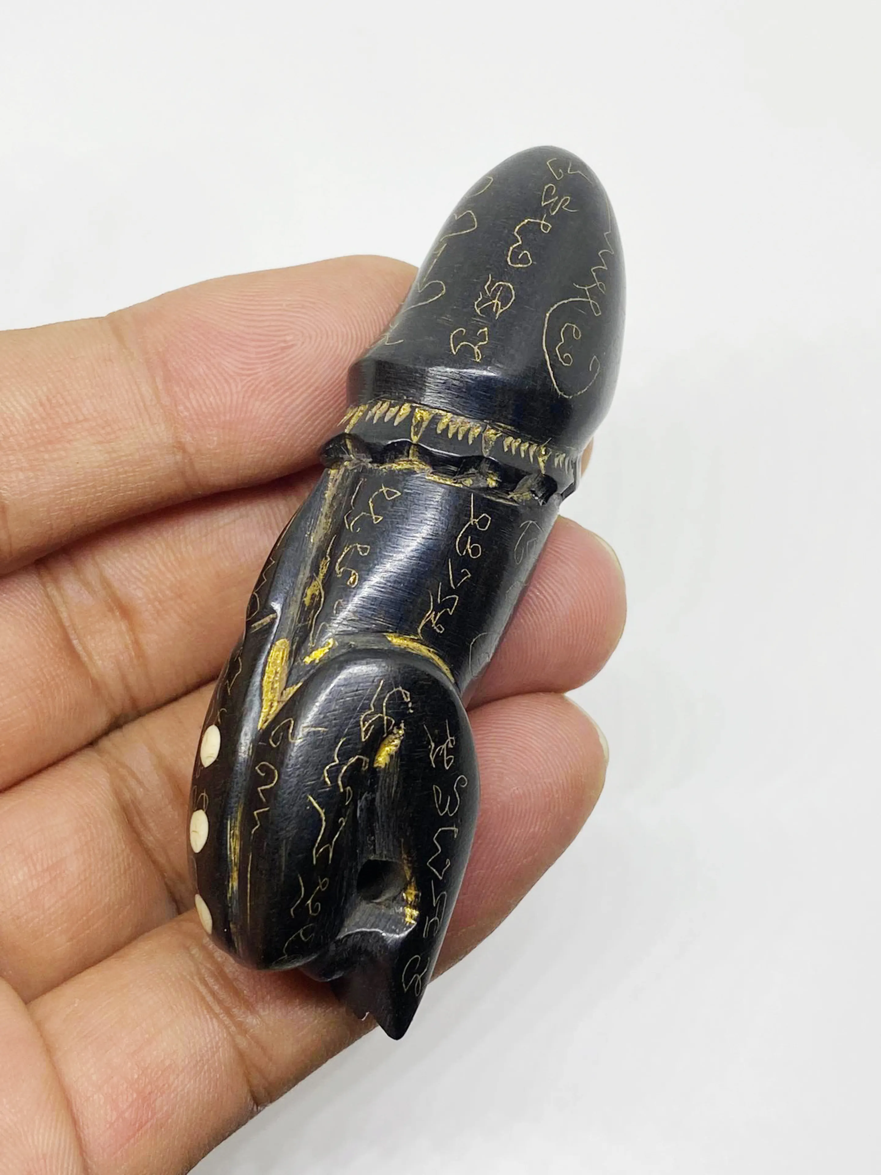 Pho Phuk Royal Drumstick Drum, Wat Niam Phra Sarak, Black Rattan Wood, Engraved, Size 3 Inches.
