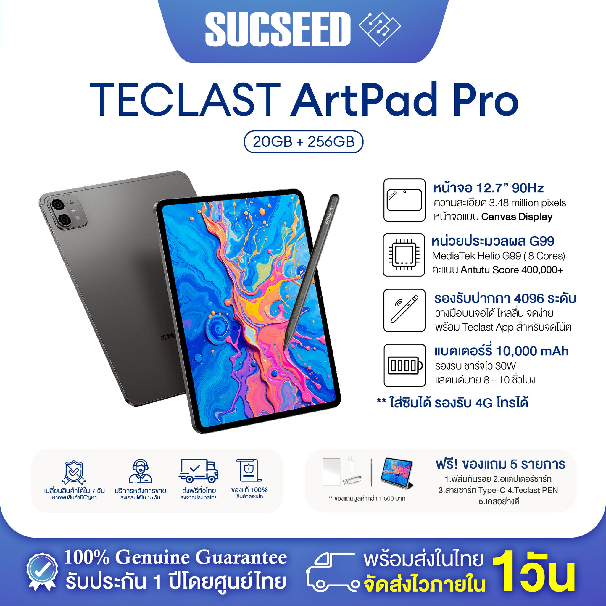 Teclast Artpad Pro Tablet, Large Screen, 12.7 Inches | Mtk Helio G99 Octa-Core | Ram 20Gb (8+12) Rom 256Gb | Android 15 Bluetooth 5.2 10,000Mah Battery 30W Fast Charging L Supports 4g Lte L 1 Year Warranty ราคา 8,799 บาท*ส่งฟรี