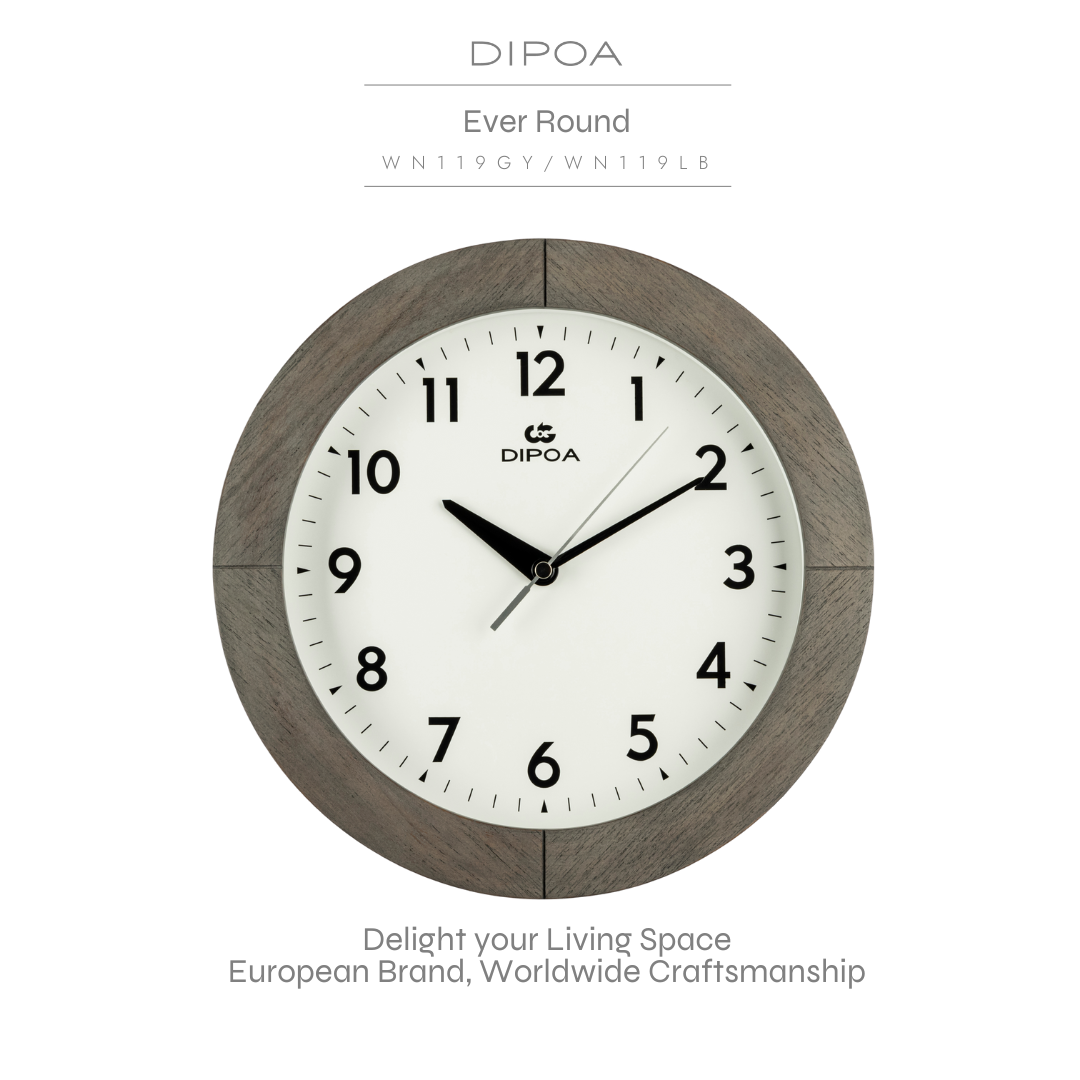 Dipoa Ever Round (Wn119Gy/Wn119Lb) Wooden Wall Clock, Gray and Brown, Simple and Elegant Design, Minimalist. ราคา 2,200 บาท*ส่งฟรี