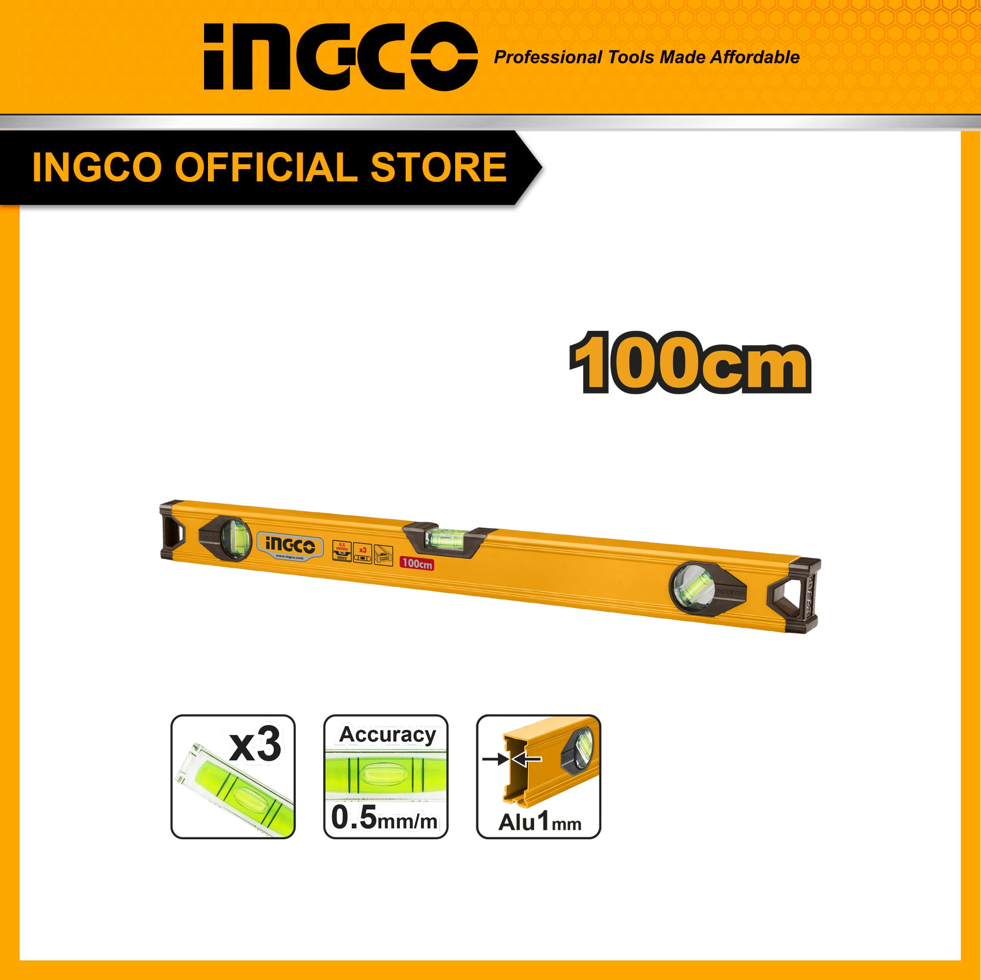 INGCO ระดับน้ำอลูมิเนียม 100 cm. HSL18100 ราคา 220 บาท*ส่งฟรี