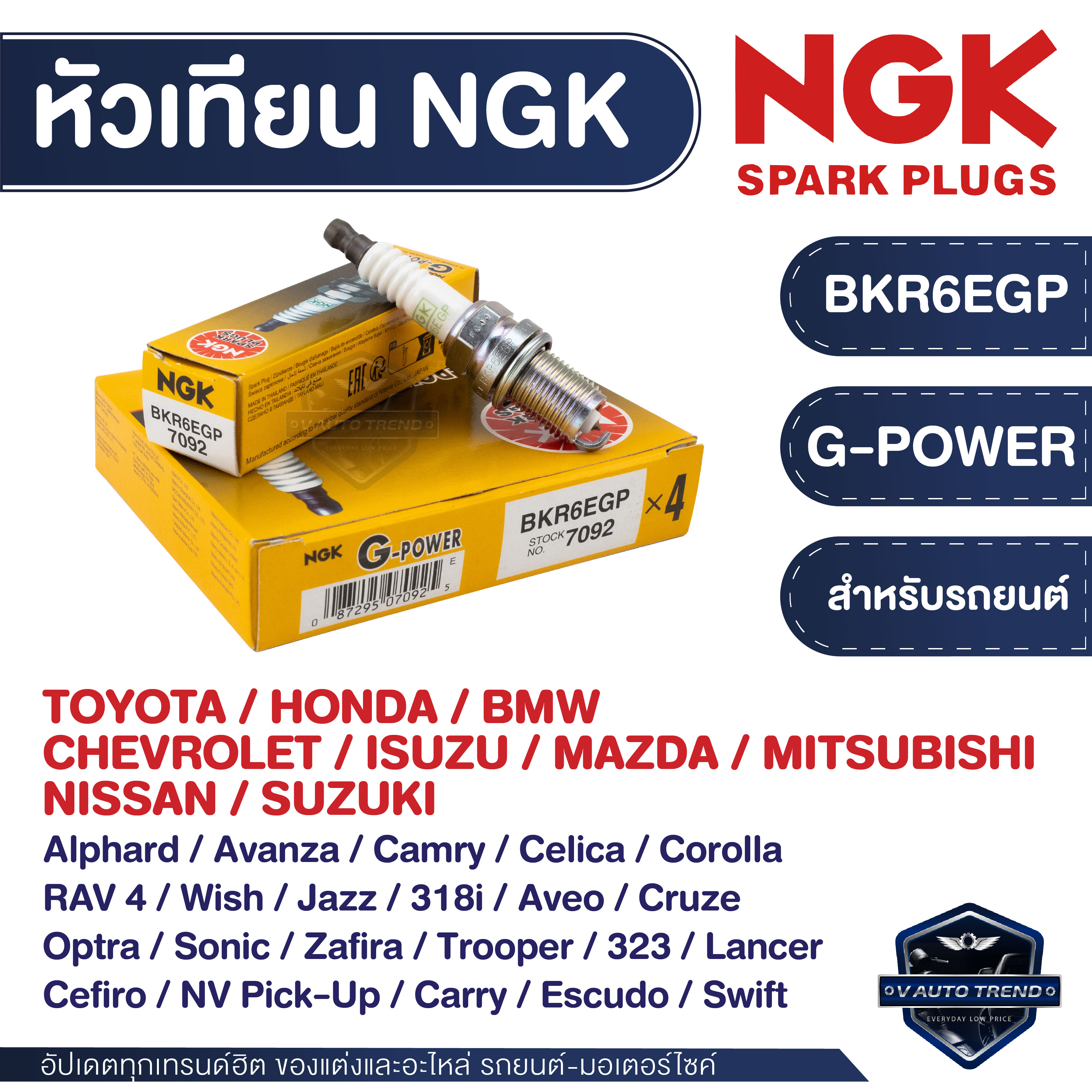 NGK หัวเทียน G-POWER รุ่น BKR6EGP สำหรับ TOYOTA / HONDA / BMW / CHEVROLET / ISUZU / MAZDA / MITSUBISHI / NISSAN / SUZUKI รุ่นรถระบุไว้ในรายละเอียด ราคา 126 บาท*ส่งฟรี