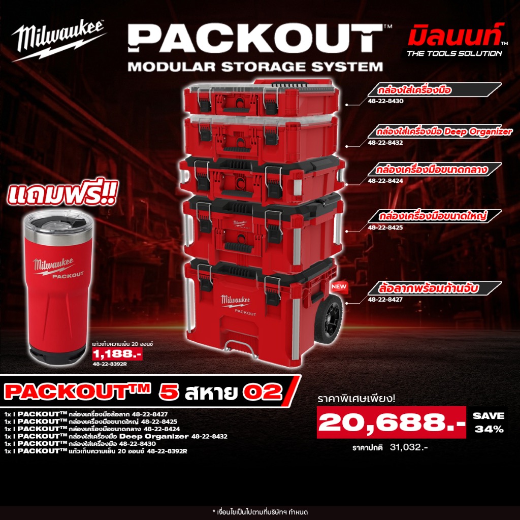 Milwaukee - Packout 5Sahoy02 Wheeled Toolbox with Handle + Large Box + Medium Box + Tool Box Included! Glass Q2 ราคา 20,688 บาท*ส่งฟรี