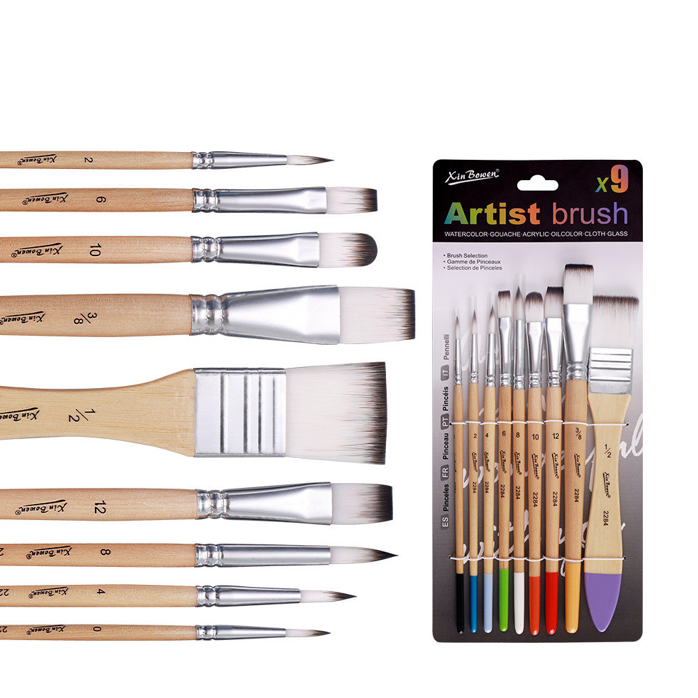ชุดแปรง 9 ชิ้นผสม อุปกรณ์ศิลปะของนักเรียนเหมาะสำหรับภาพวาดสีน้ำสีน้ำมัน