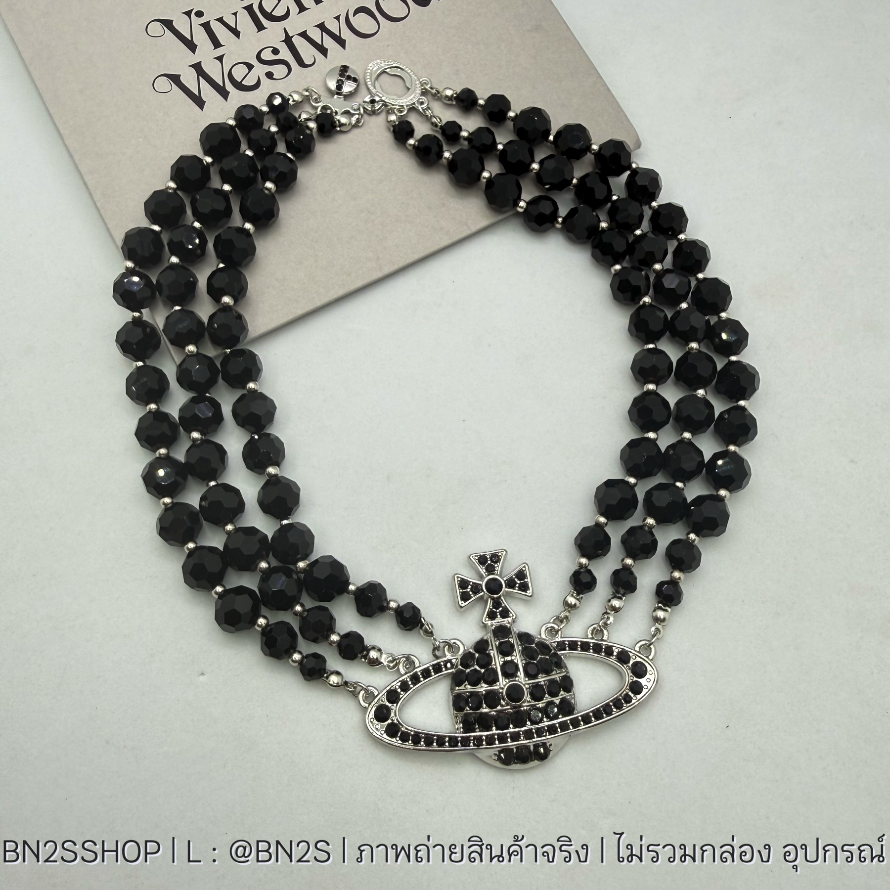 Vivienne Westwood Three Row Black Stone Choker Necklace, Black Stone, Model 3 Rows, Embedded with Black Diamonds, Logo Stamping. ราคา 319 บาท*ส่งฟรี