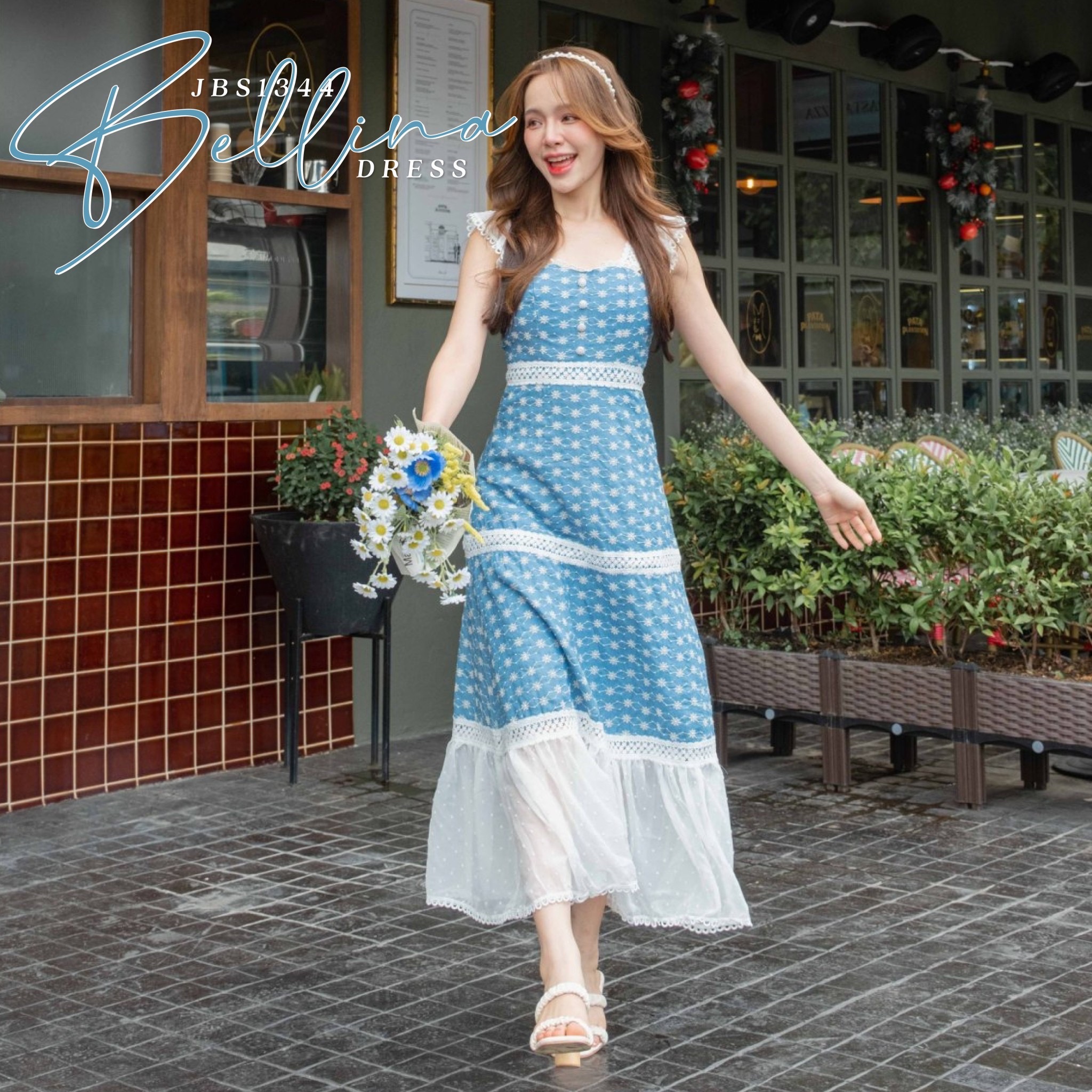 fbz Blue Line Dot Eyelet Dress with Renda Lace Details main image 0