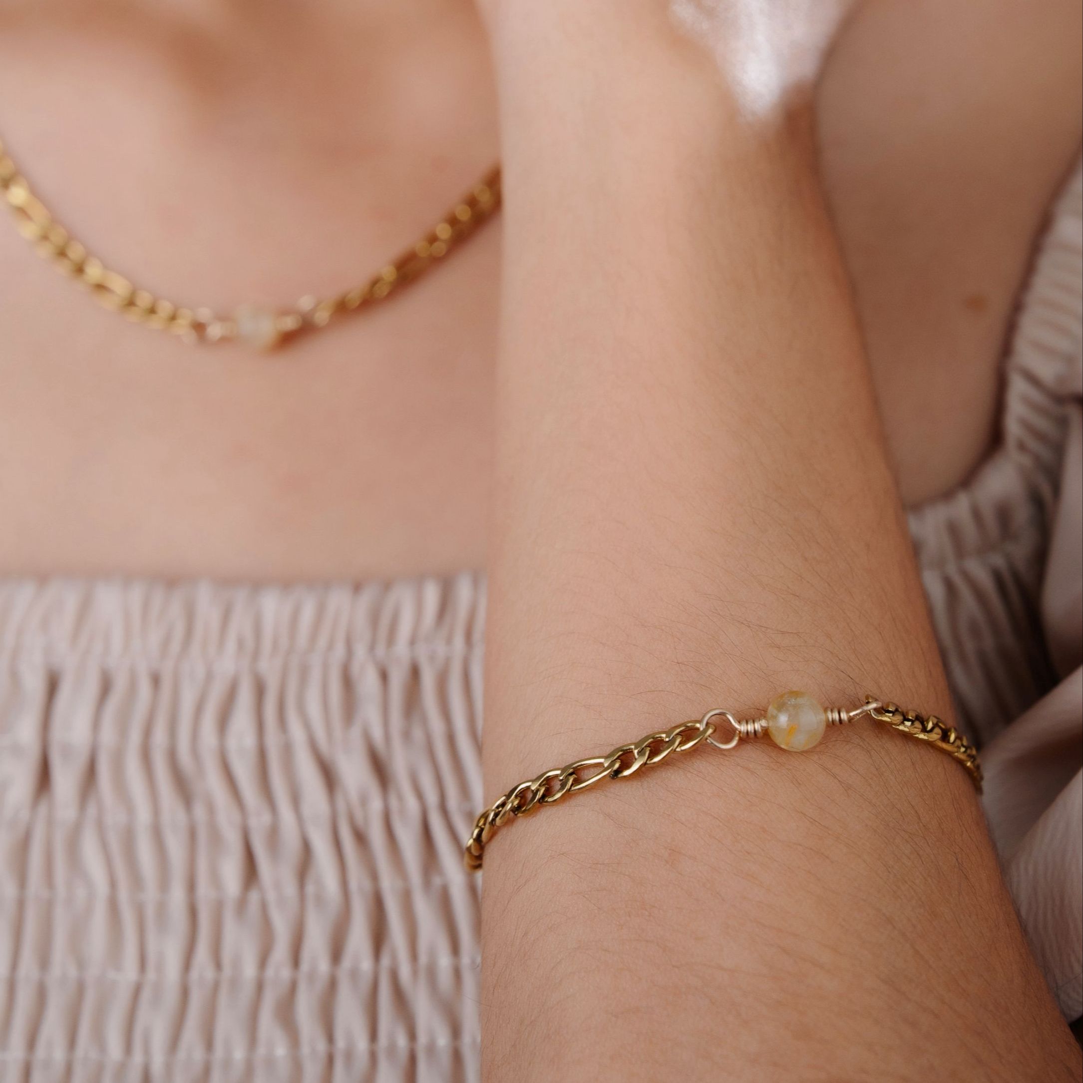 Vachana - Gold Rutilated Quartz Figaro Bracelet (Stainless Steel Figaro Bracelet, Golden Silk Stone)