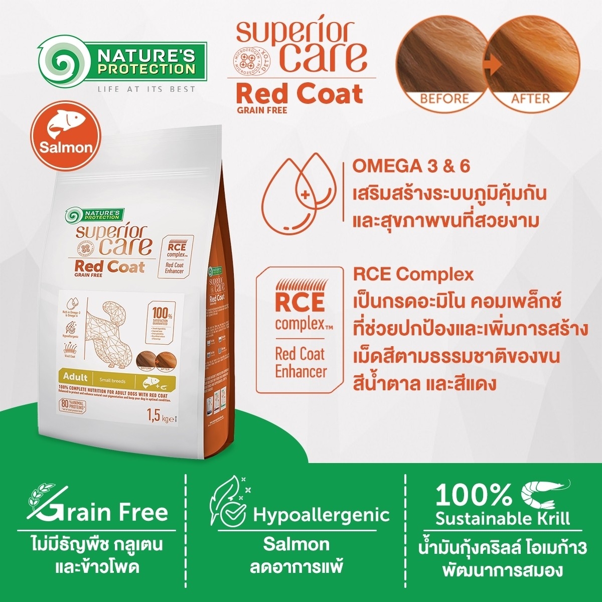 Nature's Protection Red Coat Grain Free Small/All Breeds Dog อาหารสุนัขโตพันธุ์เล็ก/ทุกสายพันธุ์ ขนแดง ขนาด1.5kg/4kg./10kg. ราคา 859 บาท*ส่งฟรี