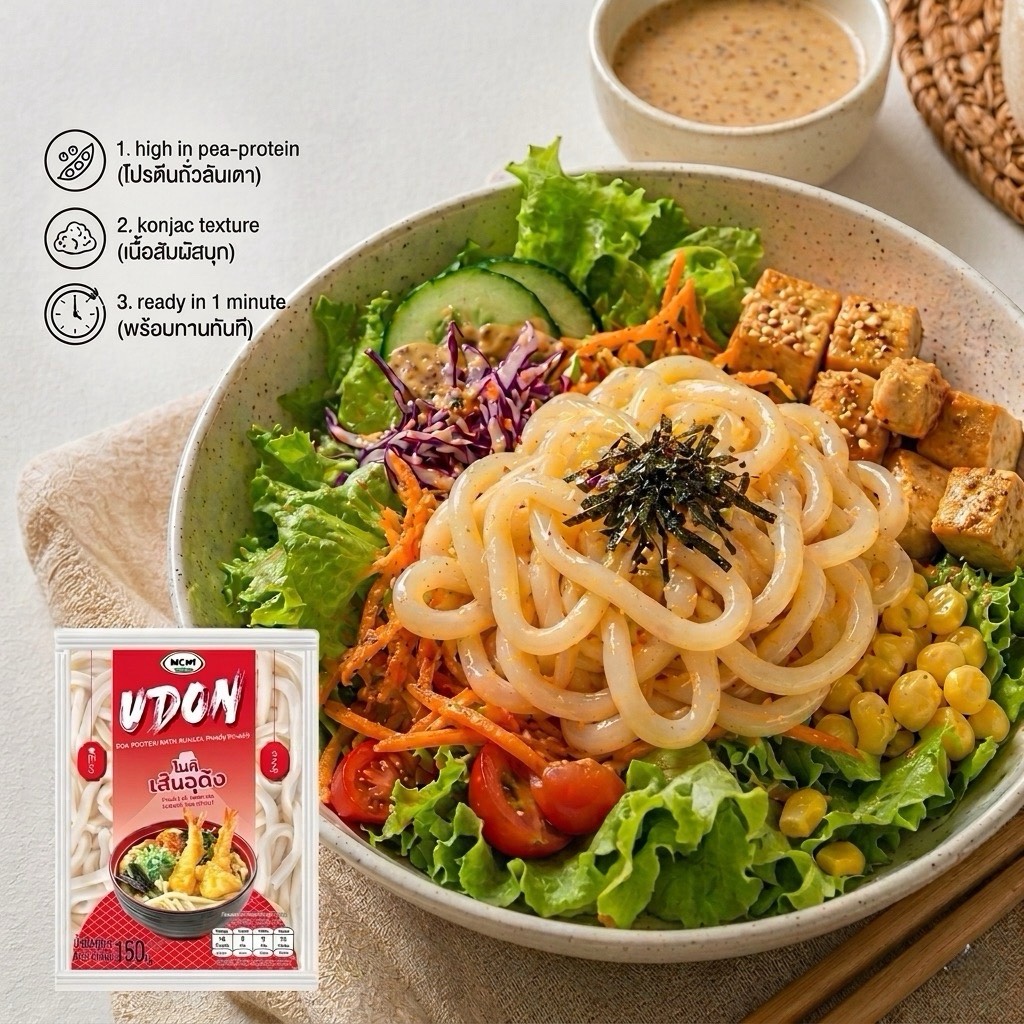 Moki Udon Noodles Made from Pea Protein Mixed with Konjac, 150 Grams (Fk0342-1) Konjac for Health Udon Noodles Made from Pea Protein Mixed ราคา 165 บาท*ส่งฟรี
