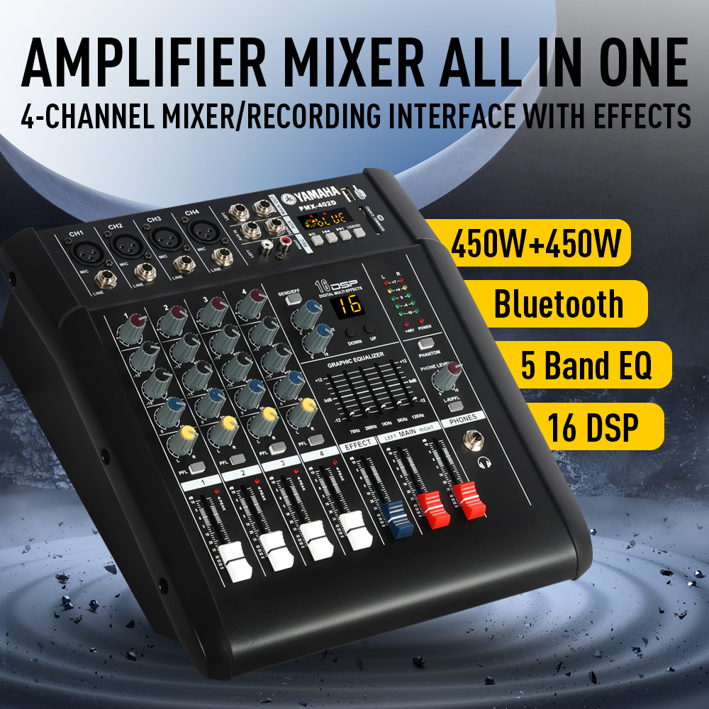 YAMAHA 450W มิกเซอร์ 4ช่องมาพร้อมกับเครื่องขยายเสียงในตัวเครื่องขยายเสียง USB เครื่องขยายเสียงการแสดงบนเวที KTV ร้องเพลงสด ราคา 2,750 บาท*ส่งฟรี