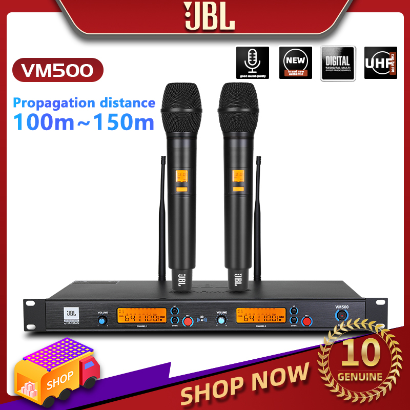 ไมโครโฟน ไมค์ลอยไร้สาย ไมค์อัดเสียงสตูดิโอ JBL VM500 ไมค์ลอยไร้สาย UHF ความถี่ในการสลับด้วยปุ่มเดียว เสาอากาศคู่ ระยะรับสัญญาณ 50 เมตร โลหะ แกนไมโครโฟนนำเข้าคุณภาพเส