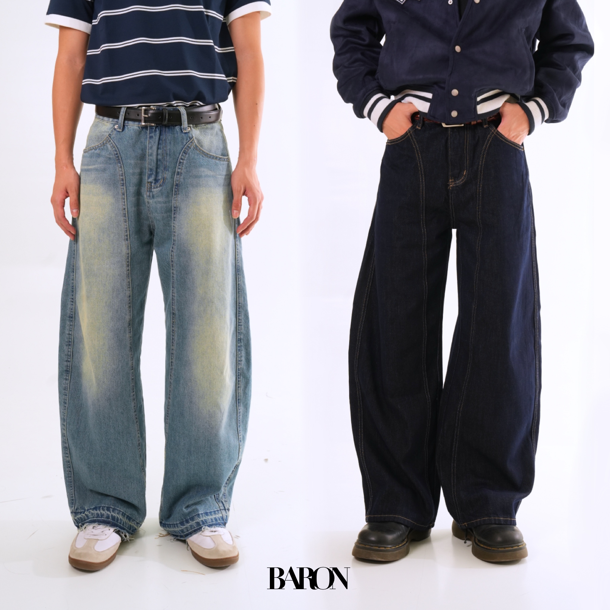 BARON Theodore Loose-Fit กางเกงยีนส์ปลายขากว้าง ขากระบอกใหญ่ ยีนส์ผ้าดิบ ยีนส์สีฟ้า ราคา 649 บาท*ส่งฟรี