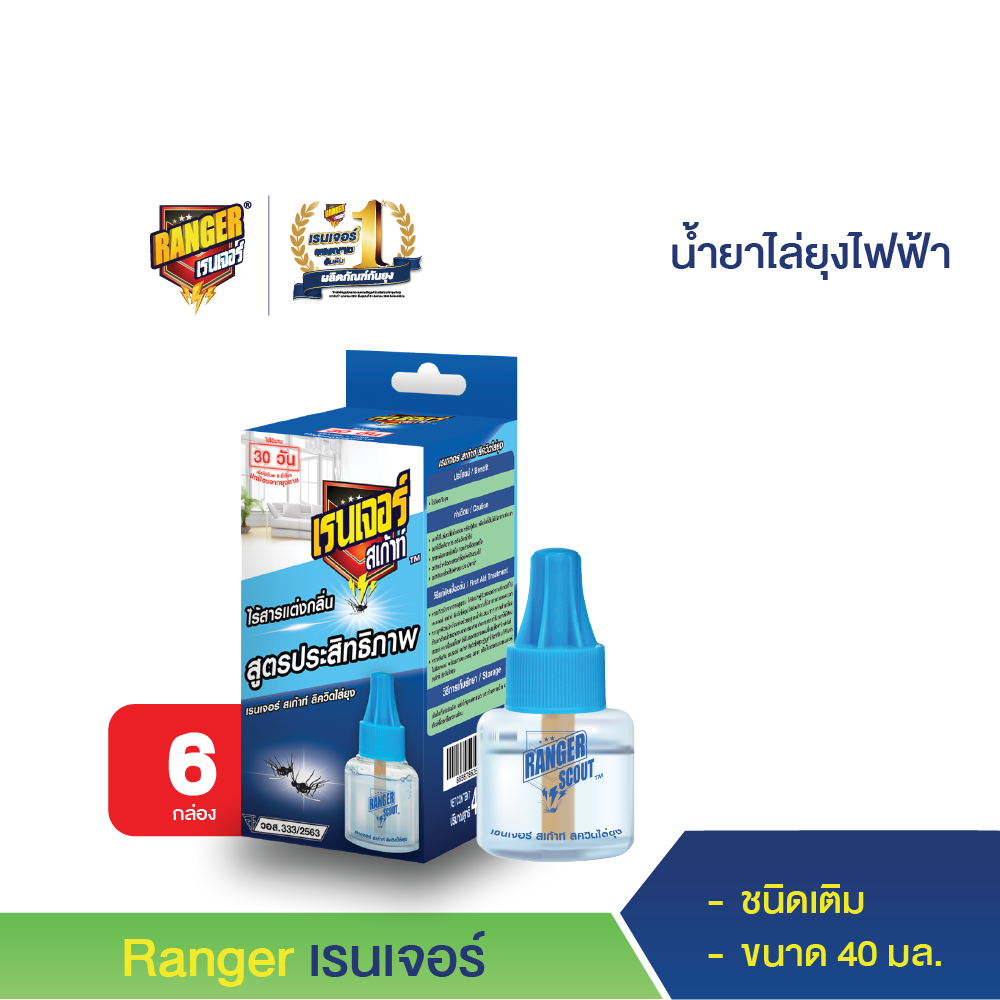 เรนเจอร์ สเก้าท์ น้ำยาไล่ยุงไฟฟ้า ชนิดเติม 40 มล. (6 ขวด) ราคา 321 บาท*ส่งฟรี