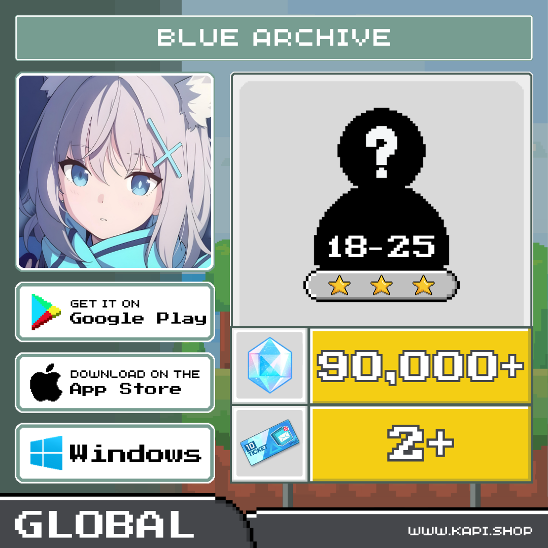 Blue Archive (Global) - 90,000+ Pyroxene + 18-25 Random 3-Star Characters ราคา 370 บาท*ส่งฟรี