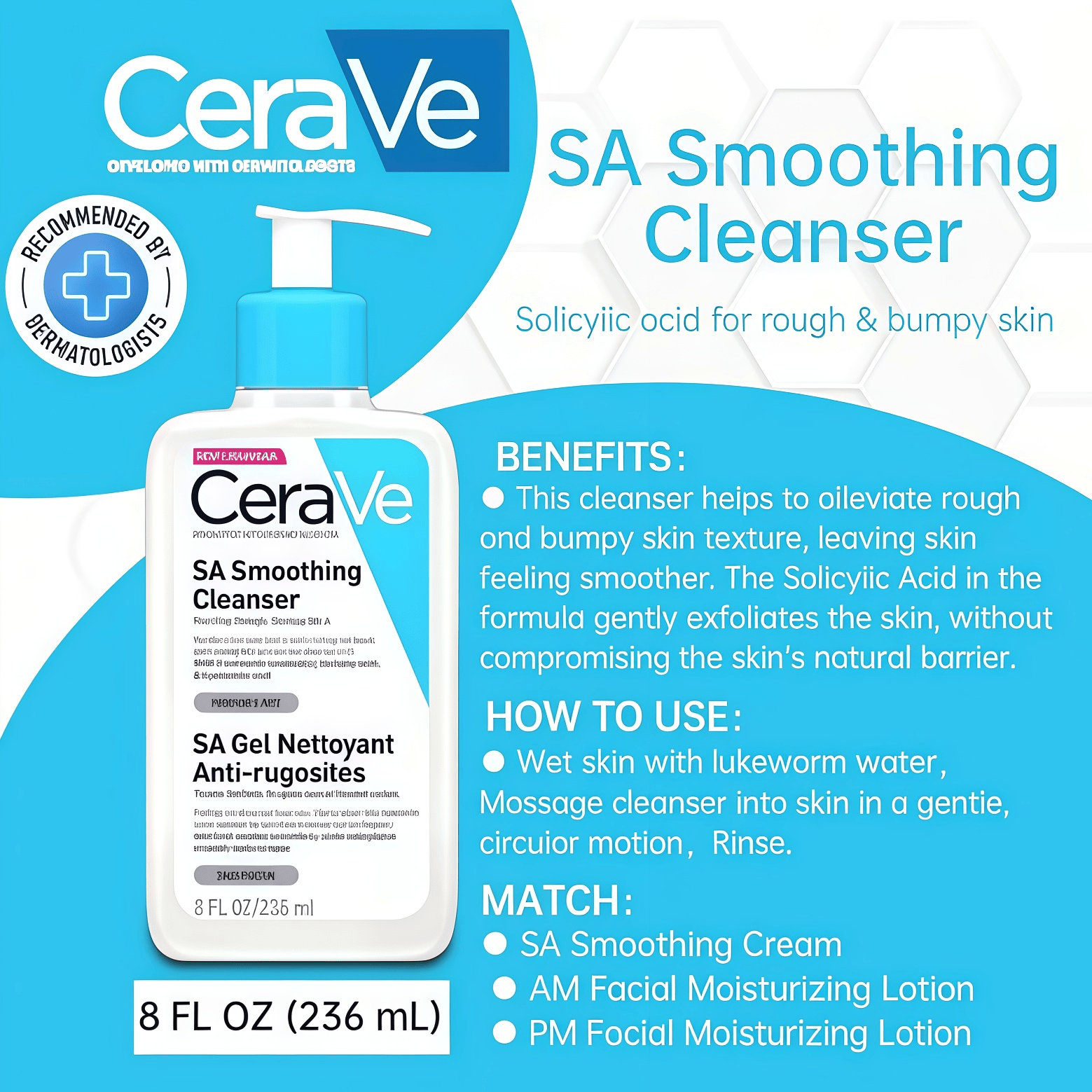 Cerave Sa Smoothing Cleanser 236 Ml. Suitable for Dry, Rough, and Flaky Skin. ราคา 180 บาท*ส่งฟรี