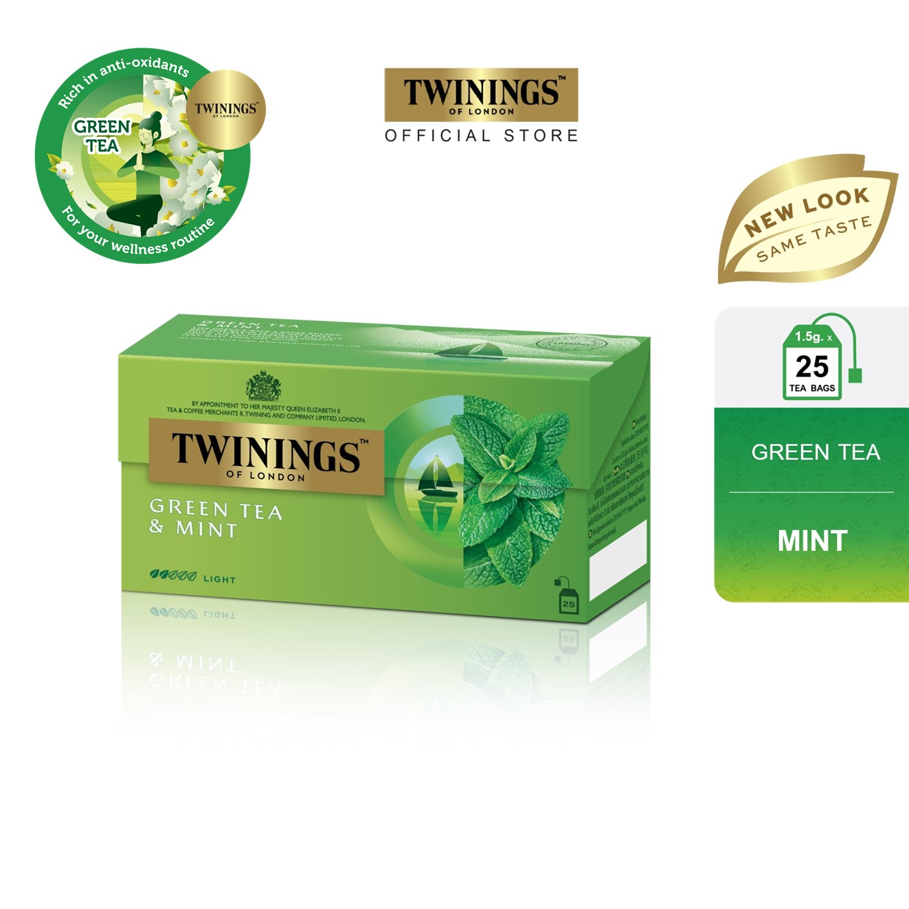 ทไวนิงส์ ชาเขียว กรีนที มิ้นต์ ชนิดซอง 1.5 กรัม แพ็ค 25 ซอง Twinings Green Tea Mint 1.5 g. Pack 25 Tea Bags ราคา 229 บาท*ส่งฟรี