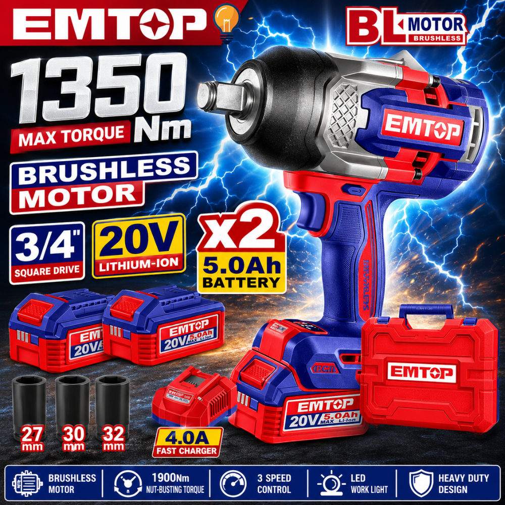 Emtop Wireless Impact Block Model Eciwl20135, Battery Block 1350Nm (Free 2 5.0Ah Batteries with Charger) Tools for Mechanic and Heavy-Duty Work, Supports Work Such as Tightening Car Wheel Nuts. ราคา 10,195 บาท*ส่งฟรี