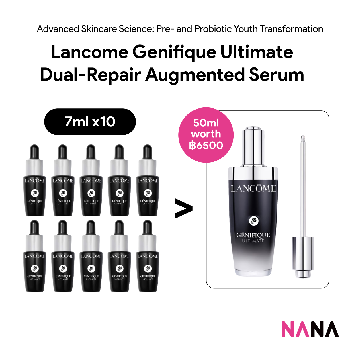 Lancome Genifique Ultimate Dual-Repair Augmented Serum (7ml x 10/5) (ลังโคม) คอนเซ็นเทรต LANCOME, บำรุงผิว, ต่อต้านริ้วรอย, ตัวอย่างแพ็ค ราคา 1,180 บาท*ส่งฟรี