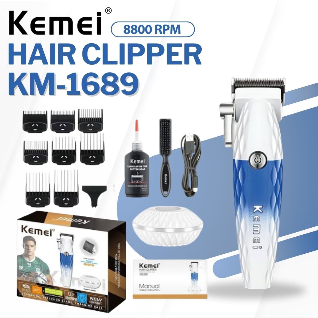 KEMEI Hair Clipper รุ่น KM-1689 ปัตตาเลี่ยนตัดแต่งผมและหนวดเครา แบบไร้สาย รอบหมุน 8800 rpm ราคา 650 บาท*ส่งฟรี