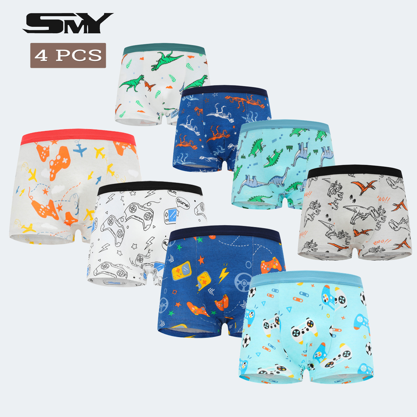 SMY 4 ชิ้นเด็กผ้าฝ้ายเด็กมวยกางเกงการ์ตูนเกมคอนโซลพิมพ์นุ่มสบายเด็กมวยกางเกงขาสั้น 3-15 ปี ราคา 152 บาท*ส่งฟรี