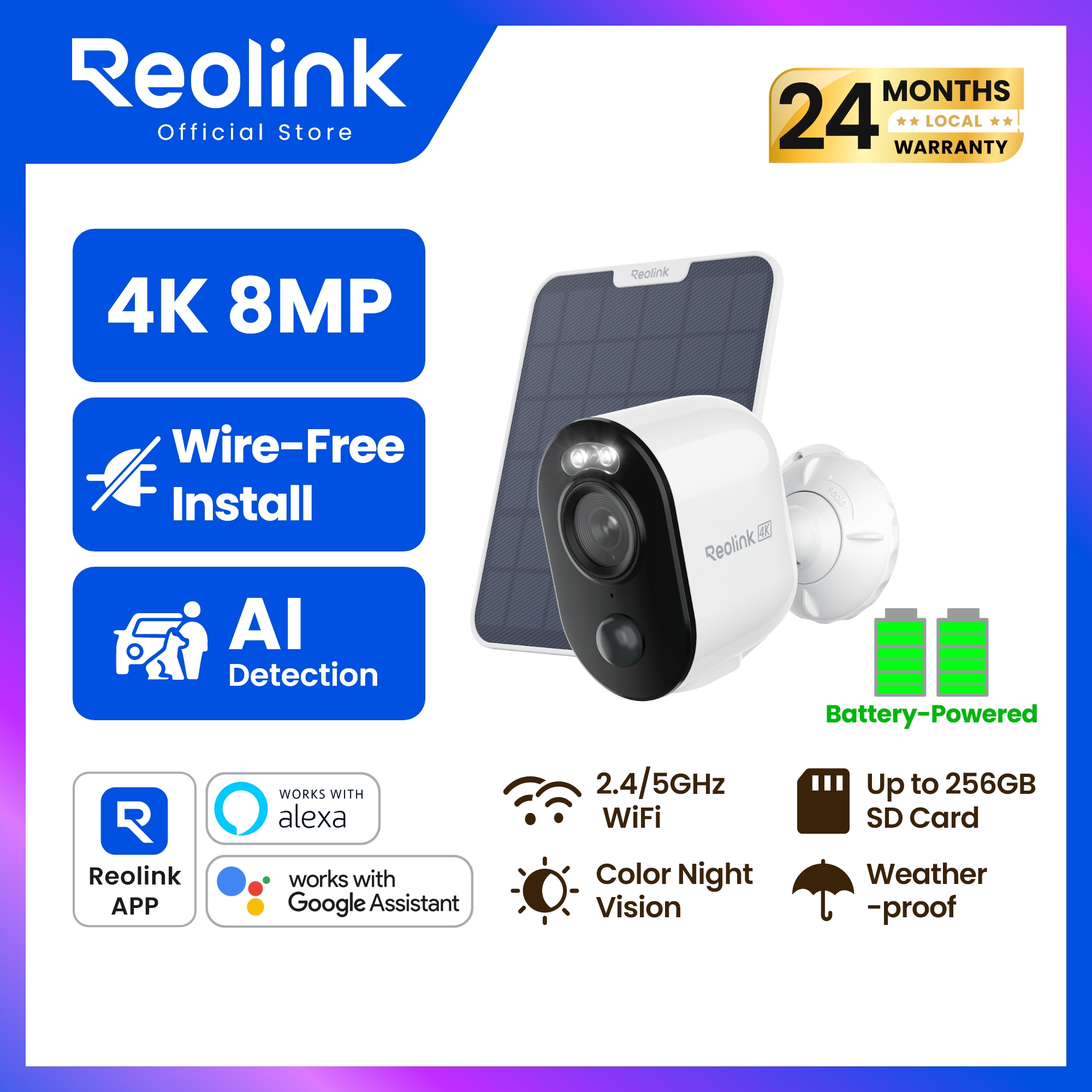 Reolink Argus 3 Ultra + Solar Panel | External 4K Wi-Fi Wireless Cctv Camera | Color Night Vision | Wi-Fi 2.4/5Ghz | Smart Battery Camera ราคา 2,667 บาท*ส่งฟรี