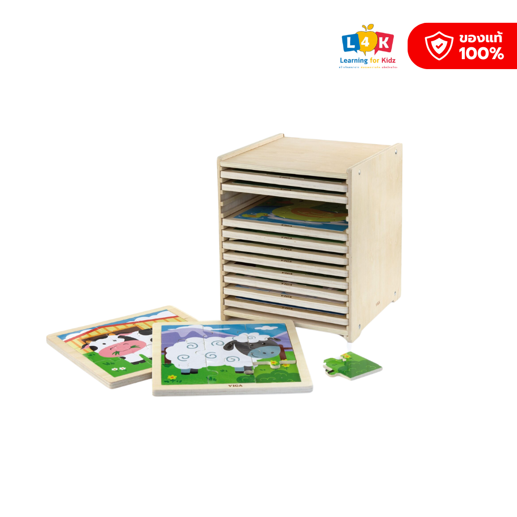[อายุ 2+] ชุดเกมภาพสัตว์ปริศนาไม้ 12 ชุด (9 Piece-Puzzle : 12pcs Set w/Storage shelf) [Viga] ราคา 4,750 บาท*ส่งฟรี