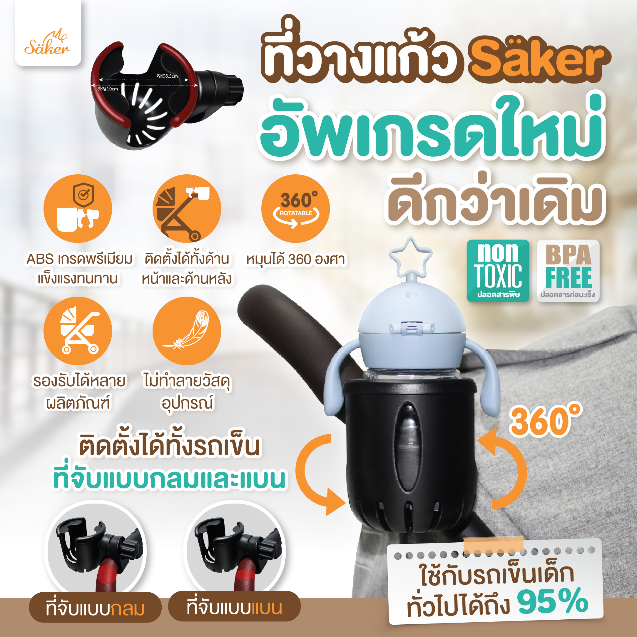 (BPA Free) ที่วางแก้ว,ขวดนม Säker วัสดุ ABS เกรดพรีเมียม หมุนได้ 360 องศา อัพเกรดใหม่ แข็งแรงทนทาน ปรับใช้งานได้ตามต้องการ ใช้กับขวดได้หลายประเภท สำหรับรถเข็นและรถจักรยาน (Non-Toxic) ราคา 191 บาท*ส่งฟรี