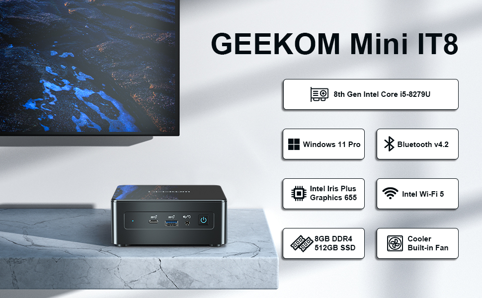 GEEKOM Mini IT8 Intel i5-8259U Windows 11 Pro RAM 8GB SSD 256GB Mini  Desktop Computers HDMI2.0 4K UHD/Dual WiFi/BT/USB 3.2